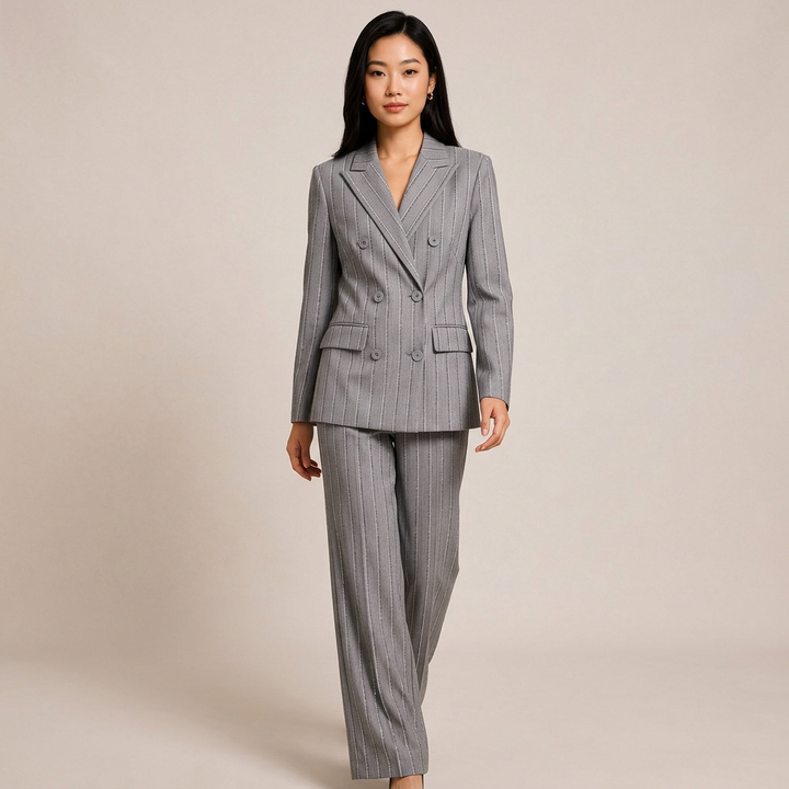 Grey Sequin Pinstripe Double-Breasted Blazer &amp; Wide Leg Pants Suit Set