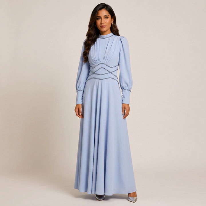 Light Blue Beaded High-Neck Long Sleeve Maxi Evening Gown
