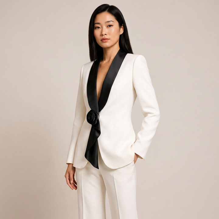 Satin Lapel Blazer and Wide Leg Pants Set for Meetings and Executive Elegance Women