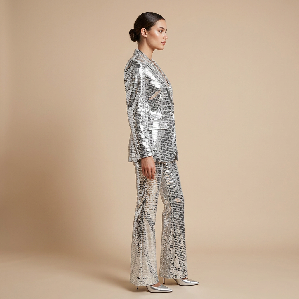Silver Sequin Blazer and Wide Leg Pants Set for Gala Nights and Statement Glamour Women