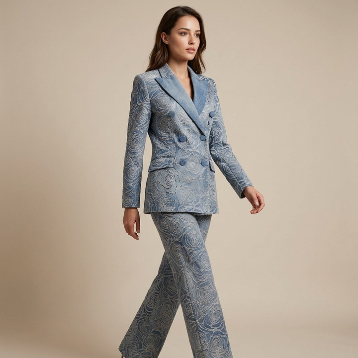 Blue Floral Jacquard Double Breasted Blazer and Wide Leg Pants Set for Executive Elegance Women