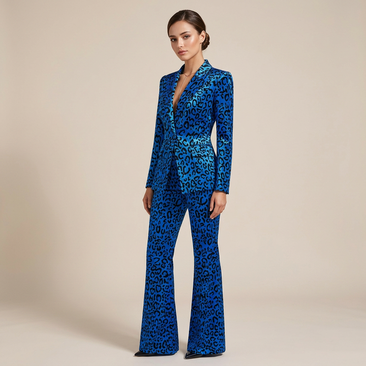 Leopard Print One-Button Blazer and Flared Pants Set for Friday Night Vibes Women