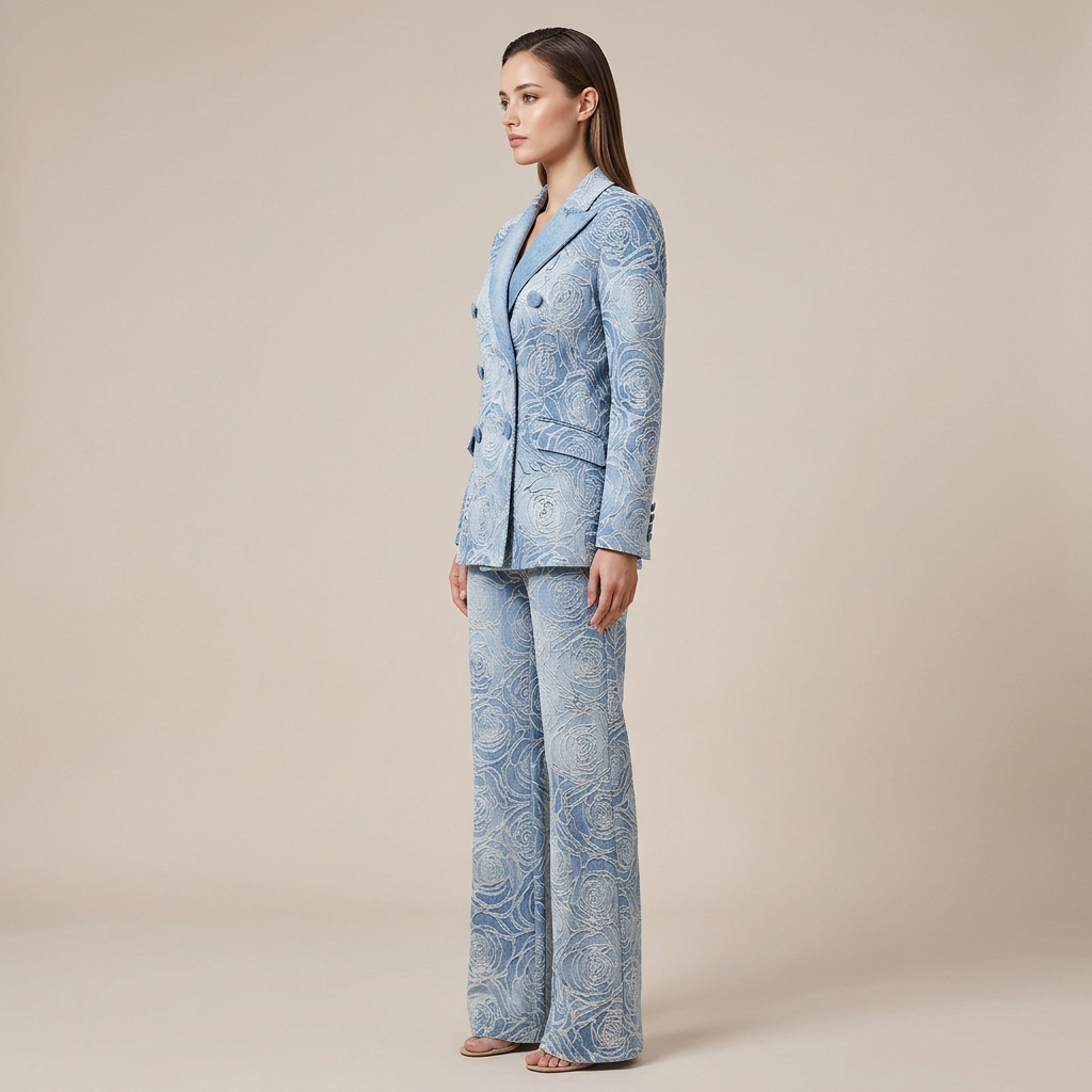 Blue Floral Jacquard Double Breasted Blazer and Wide Leg Pants Set for Executive Elegance Women