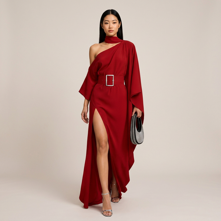 Red One Shoulder Cape Sleeve Belted Slit Maxi Gown for Evening Events and Wedding Guest Elegance Women