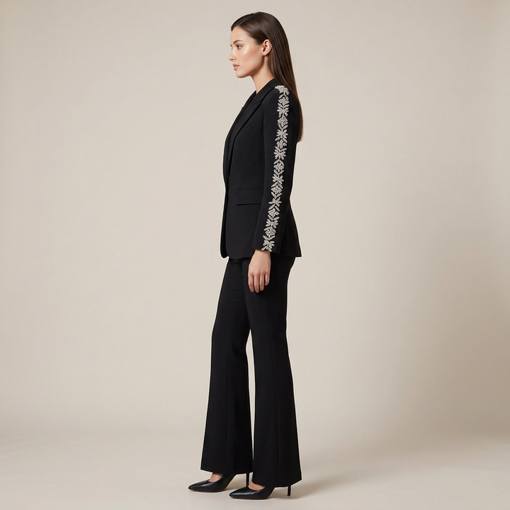 Crystal Trim Blazer and Flared Pants Suit Set for Executive Office Style Women