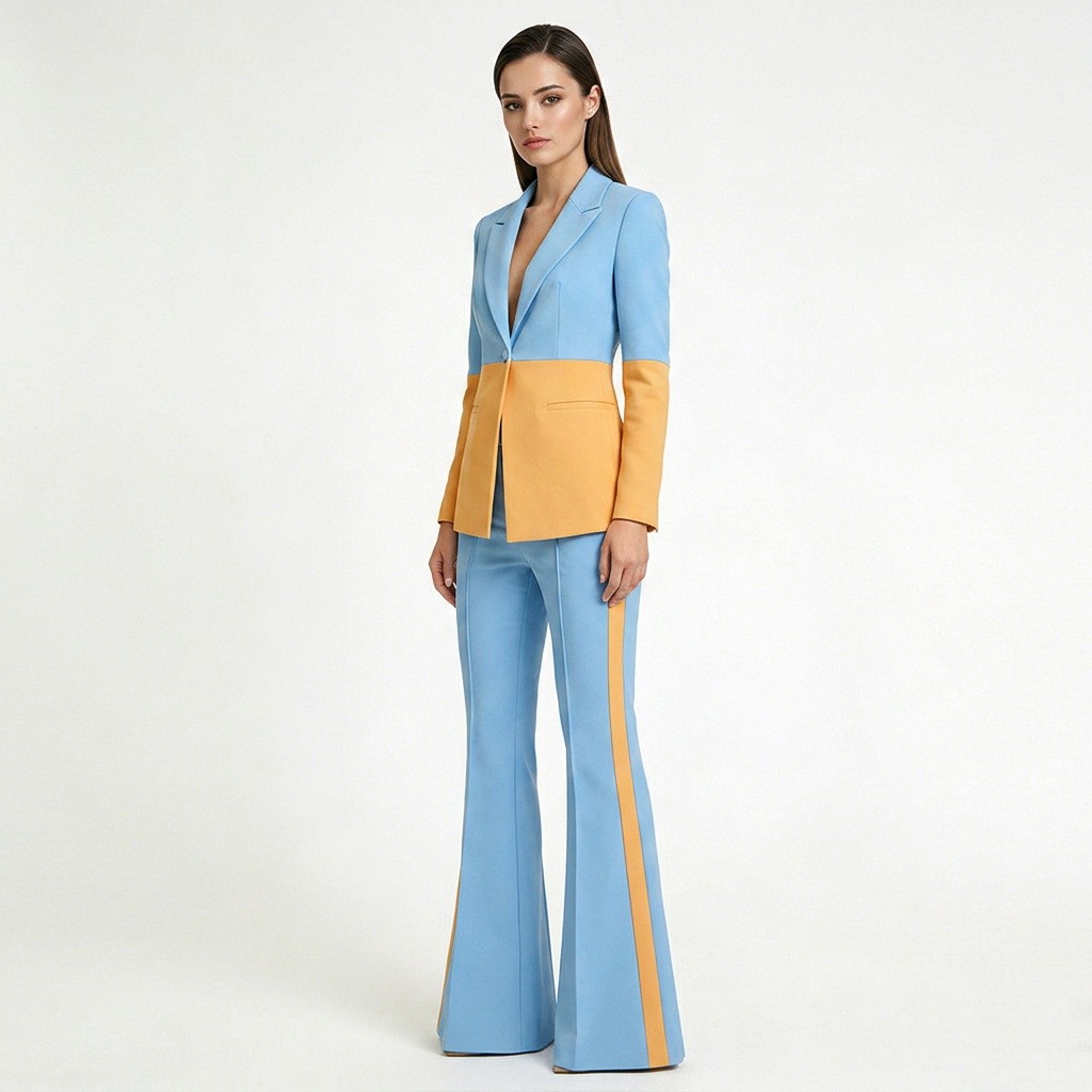 Color Block One-Button Blazer and Flared Pants Set for Meetings Ready Women