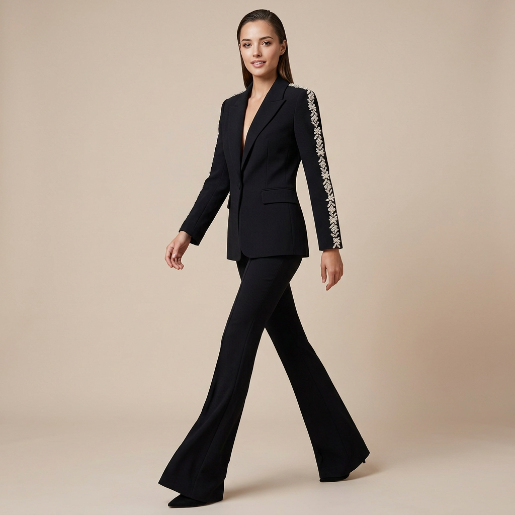 Crystal Trim Blazer and Flared Pants Suit Set for Executive Office Style Women