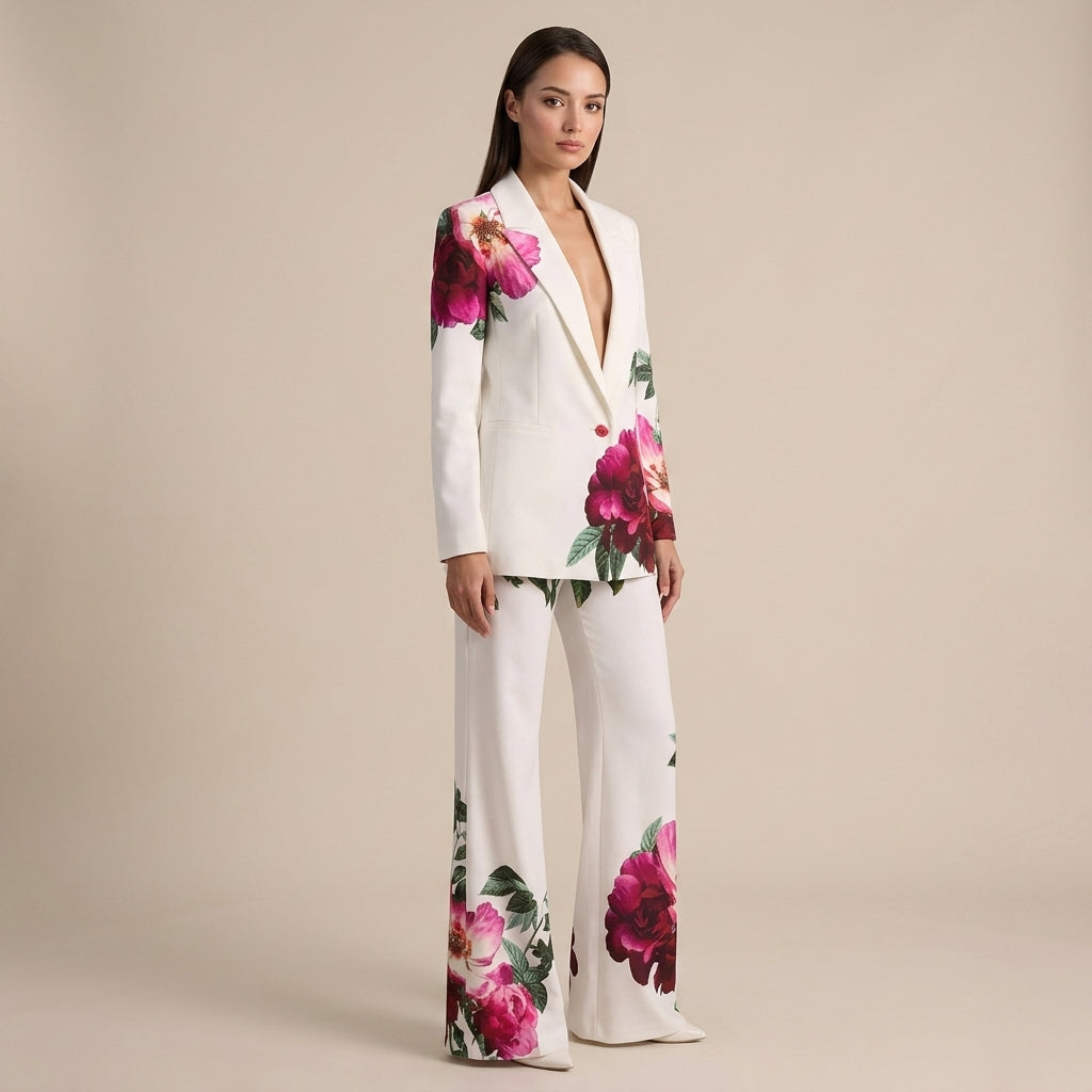 Floral Print Tailored Blazer and Flared Pants Suit Set for Friday Night Vibes and Statement Elegance Women