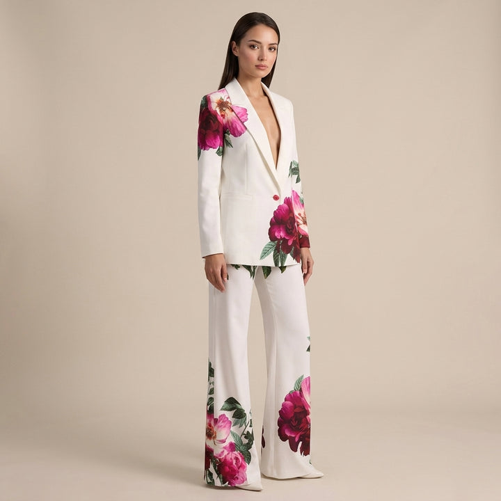 Floral Print Tailored Blazer and Flared Pants Suit Set for Friday Night Vibes and Statement Elegance Women