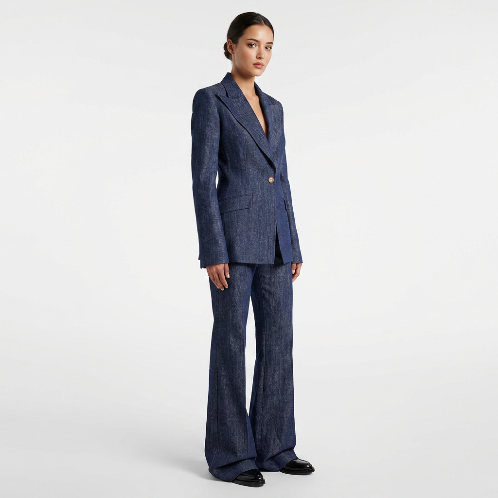 Faux Denim One Button Tailored Blazer and Wide Leg Pants Suit Set for Meetings Ready and Modern Executive Style Women
