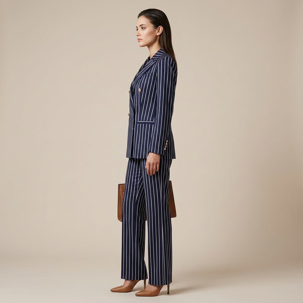 Navy Pinstripe Three Piece Blazer, Vest and Wide Leg Pants Set for Meetings Ready and Executive Elegance Women