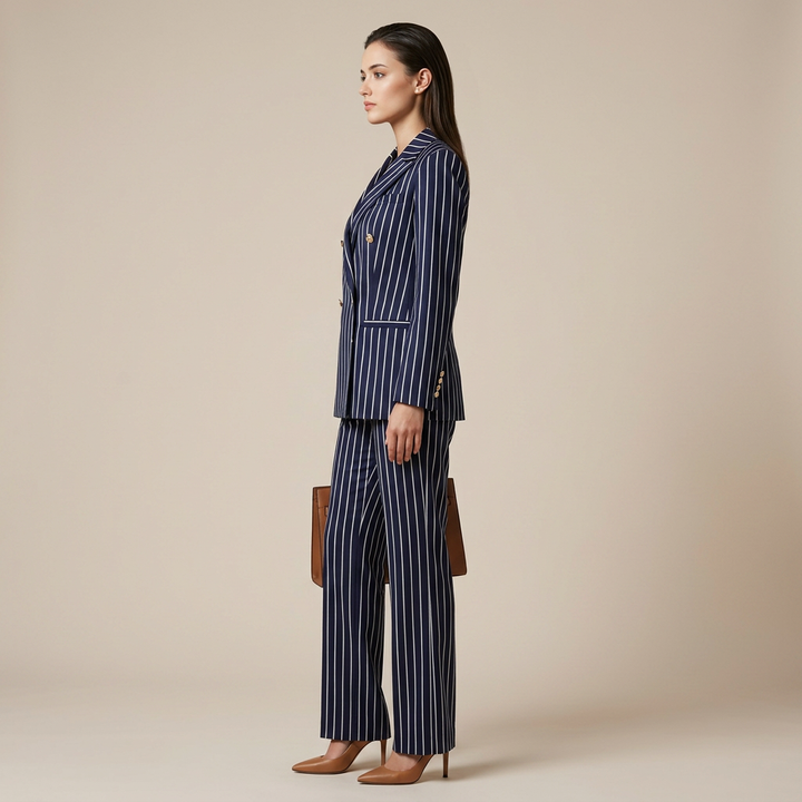Navy Pinstripe Three Piece Blazer, Vest and Wide Leg Pants Set for Meetings Ready and Executive Elegance Women