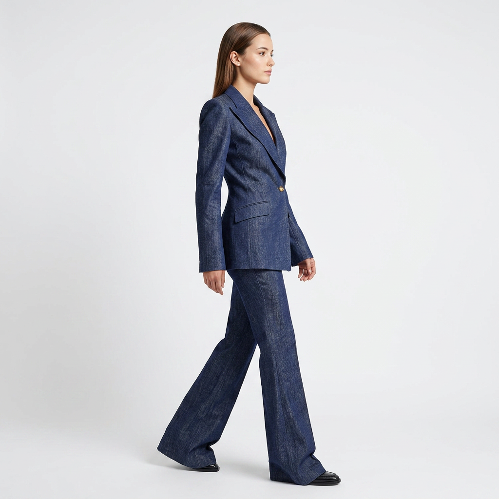 Faux Denim One Button Tailored Blazer and Wide Leg Pants Suit Set for Meetings Ready and Modern Executive Style Women
