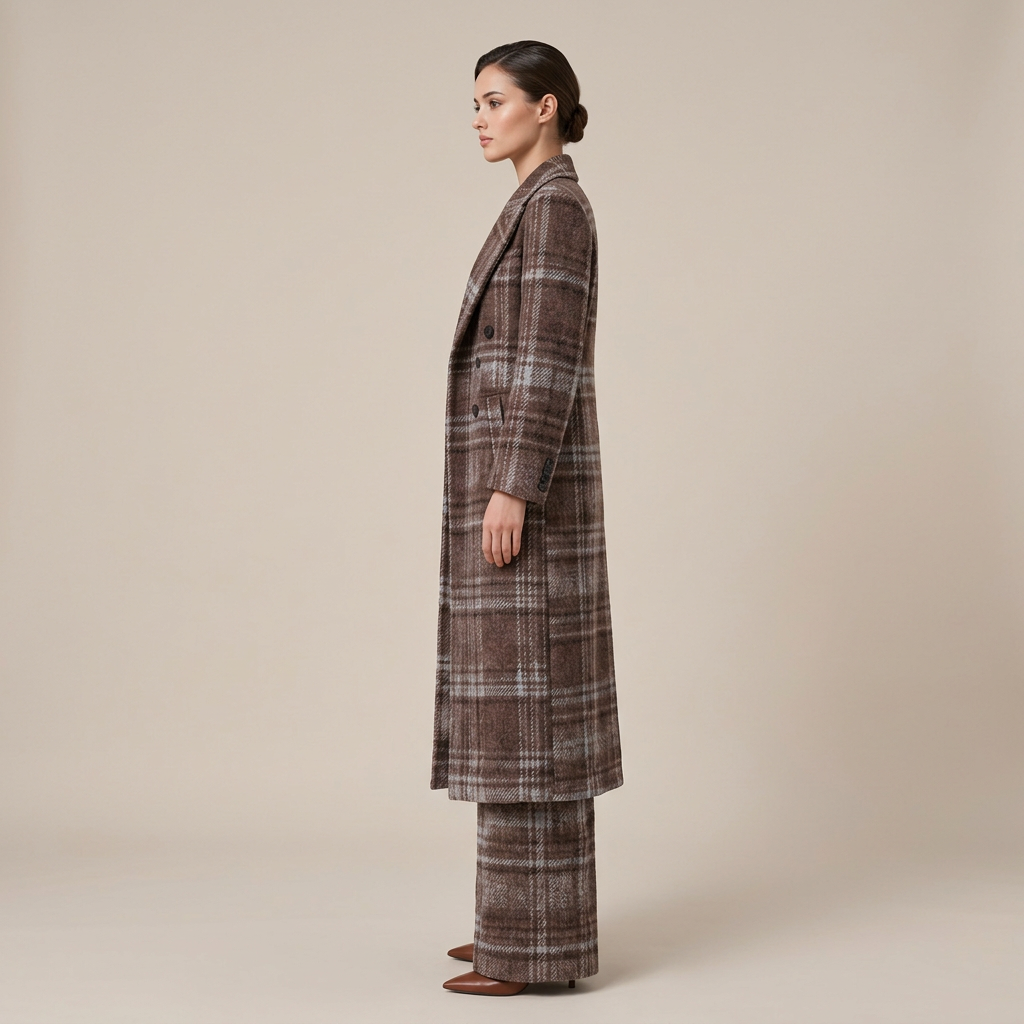 Brown Plaid Wool-Blend Long Coat &amp; Wide-Leg Pants Set