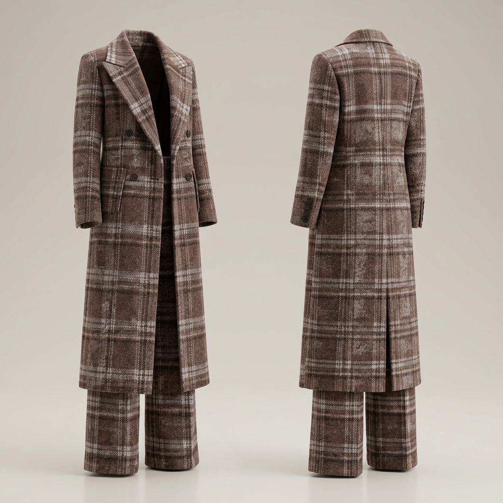 Brown Plaid Wool-Blend Long Coat &amp; Wide-Leg Pants Set