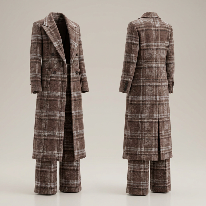 Brown Plaid Wool-Blend Long Coat &amp; Wide-Leg Pants Set