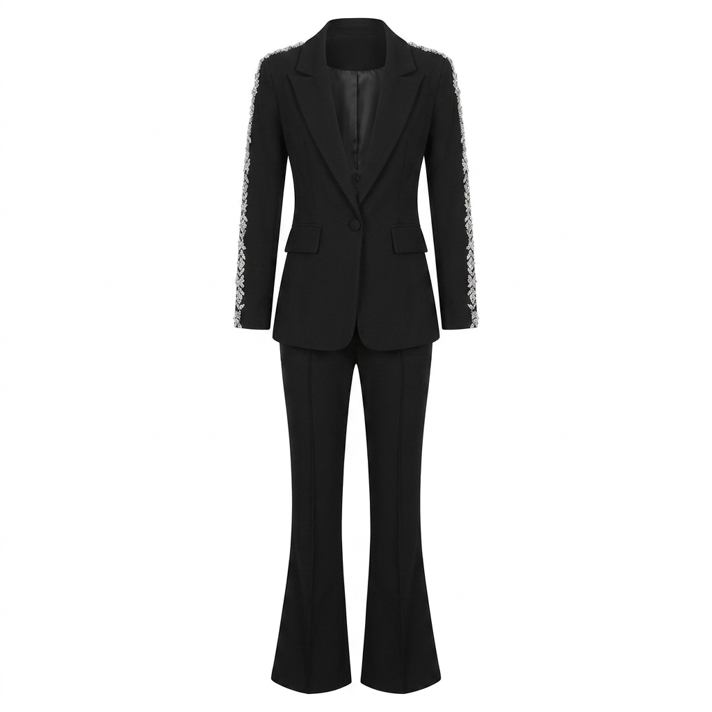 Crystal Trim Blazer and Flared Pants Suit Set for Executive Office Style Women