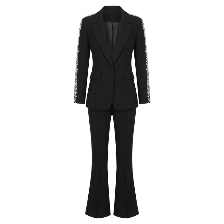 Crystal Trim Blazer and Flared Pants Suit Set for Executive Office Style Women