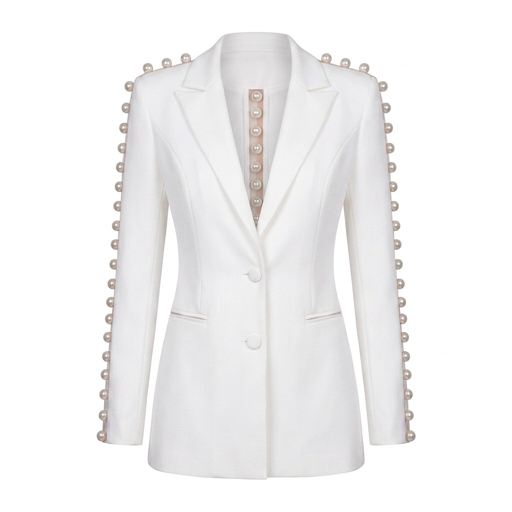 White Pearl Sleeve Blazer and Wide Leg Pants Set for Meetings and Executive Elegance Women