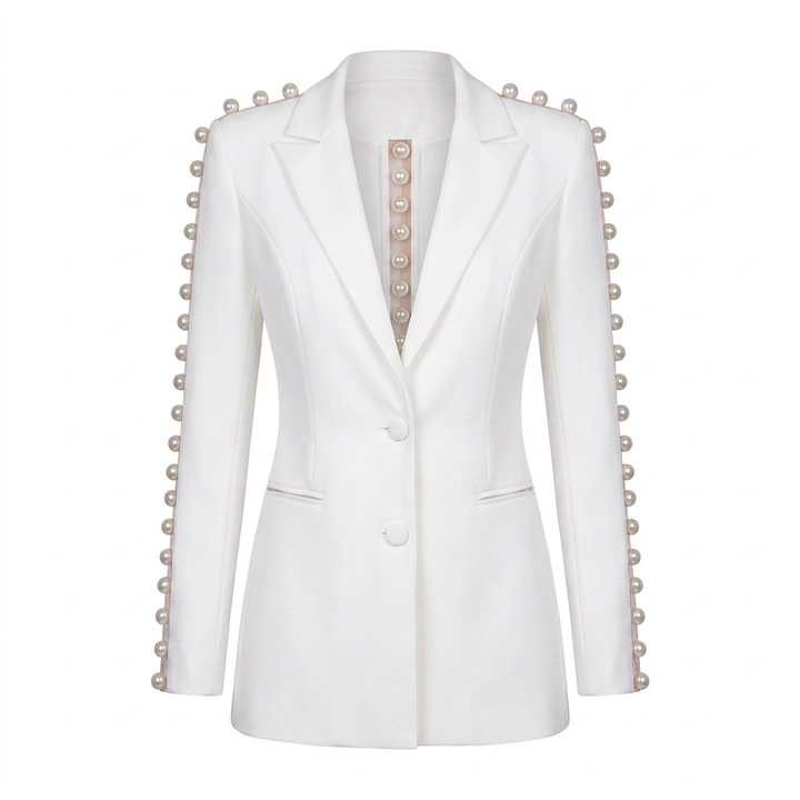 White Pearl Sleeve Blazer and Wide Leg Pants Set for Meetings and Executive Elegance Women