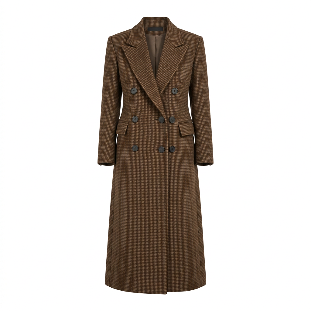 Houndstooth Structured Double-Breasted Long Wool-Blend Coat