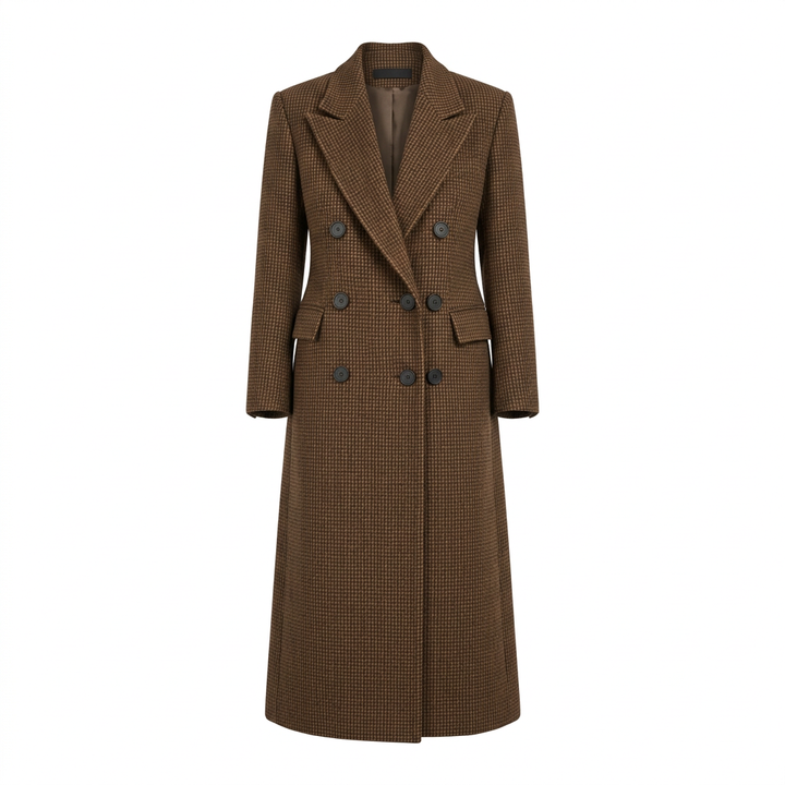 Houndstooth Structured Double-Breasted Long Wool-Blend Coat
