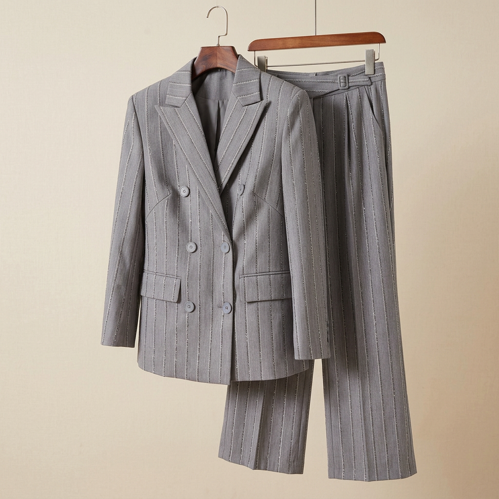 Grey Sequin Pinstripe Double-Breasted Blazer &amp; Wide Leg Pants Suit Set