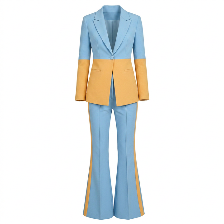 Color Block One-Button Blazer and Flared Pants Set for Meetings Ready Women
