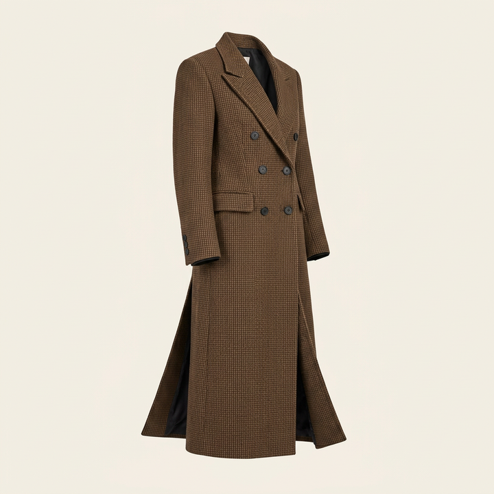 Houndstooth Structured Double-Breasted Long Wool-Blend Coat