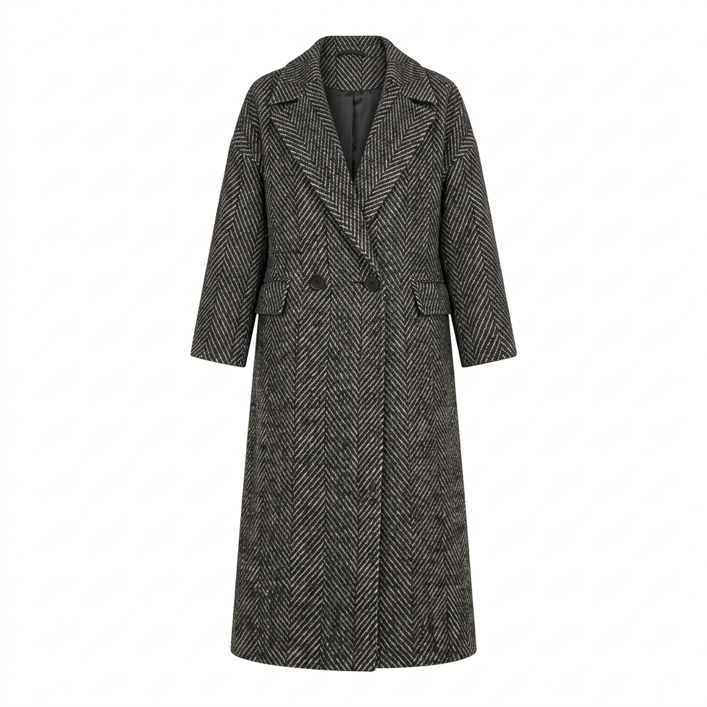 Black Herringbone Oversized Double-Breasted Long Wool-Blend Coat