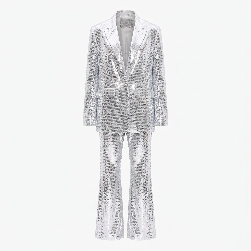 Silver Sequin Blazer and Wide Leg Pants Set for Gala Nights and Statement Glamour Women