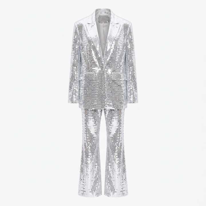 Silver Sequin Blazer and Wide Leg Pants Set for Gala Nights and Statement Glamour Women