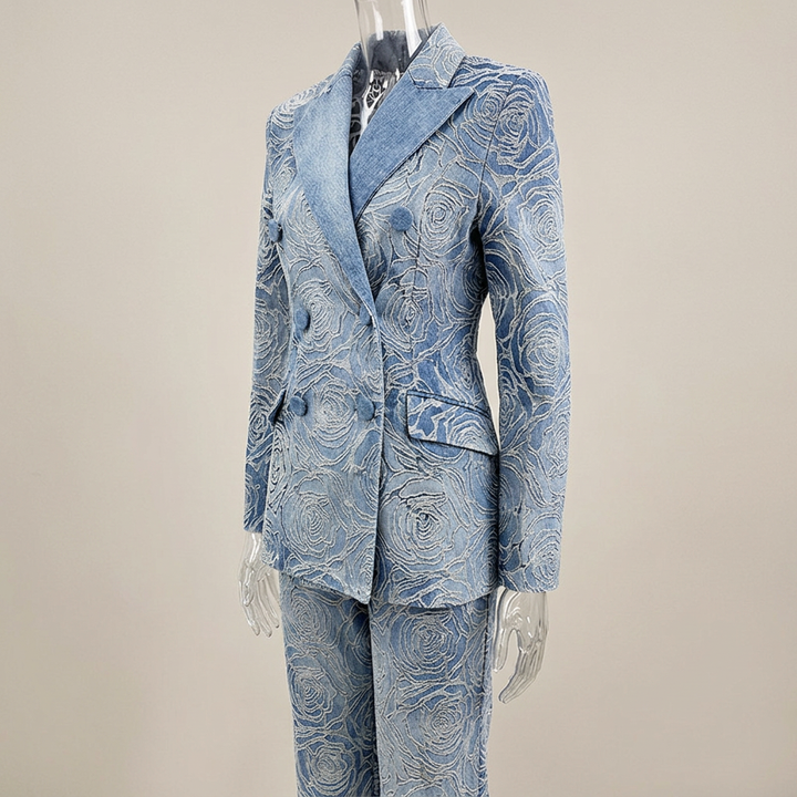 Blue Floral Jacquard Double Breasted Blazer and Wide Leg Pants Set for Executive Elegance Women