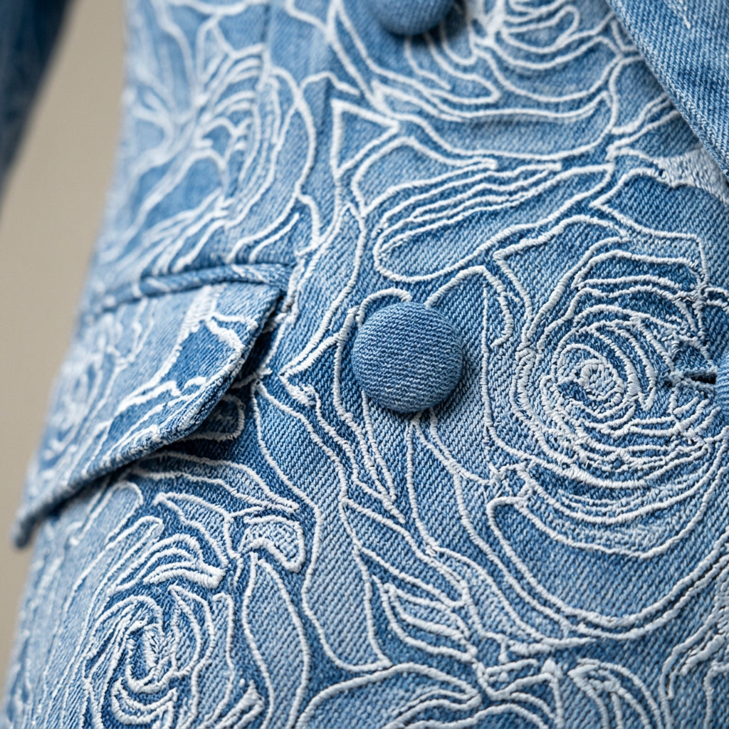Blue Floral Jacquard Double Breasted Blazer and Wide Leg Pants Set for Executive Elegance Women