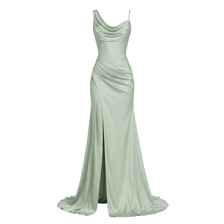 Sage Green Asymmetrical Draped Corset High-Slit Satin Mermaid Evening Gown