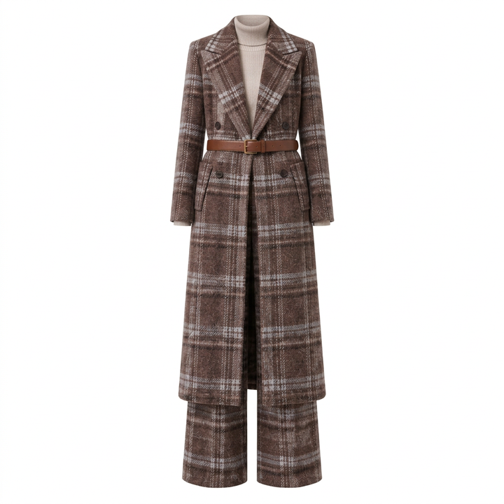 Brown Plaid Wool-Blend Long Coat &amp; Wide-Leg Pants Set