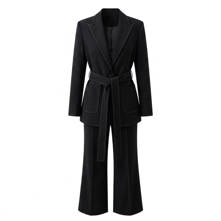 Belted Tailored Blazer and Wide Leg Pants Set with Contrast Stitching for Meetings Ready and Executive Elegance Women