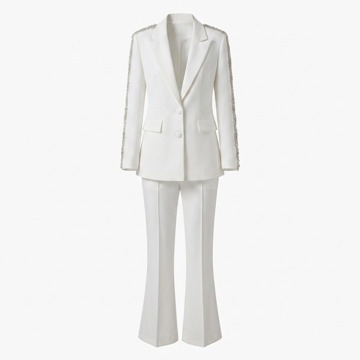 Crystal Trim Blazer and Flared Pants Suit Set for Executive Office Style Women