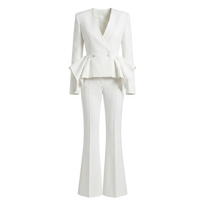 Ruffle Sleeve Tailored Blazer and Slightly Flared Pants Suit Set for Meetings Ready and Statement Elegance Women