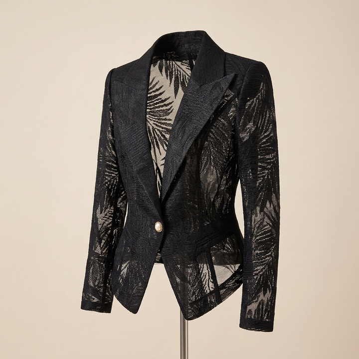 Black Embroidered Mesh Blazer for Cocktail Parties and Evening Elegance Women