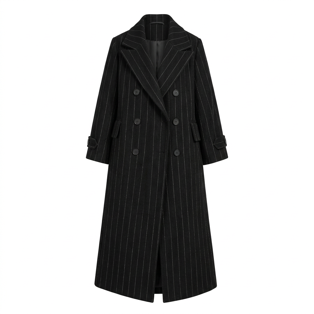 Pinstripe Oversized Double-Breasted Long Wool-Blend Coat