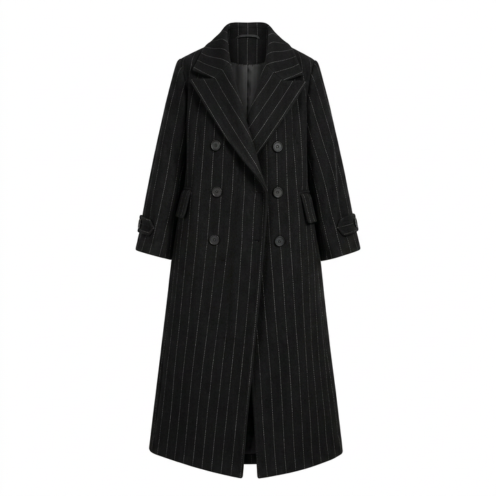Pinstripe Oversized Double-Breasted Long Wool-Blend Coat