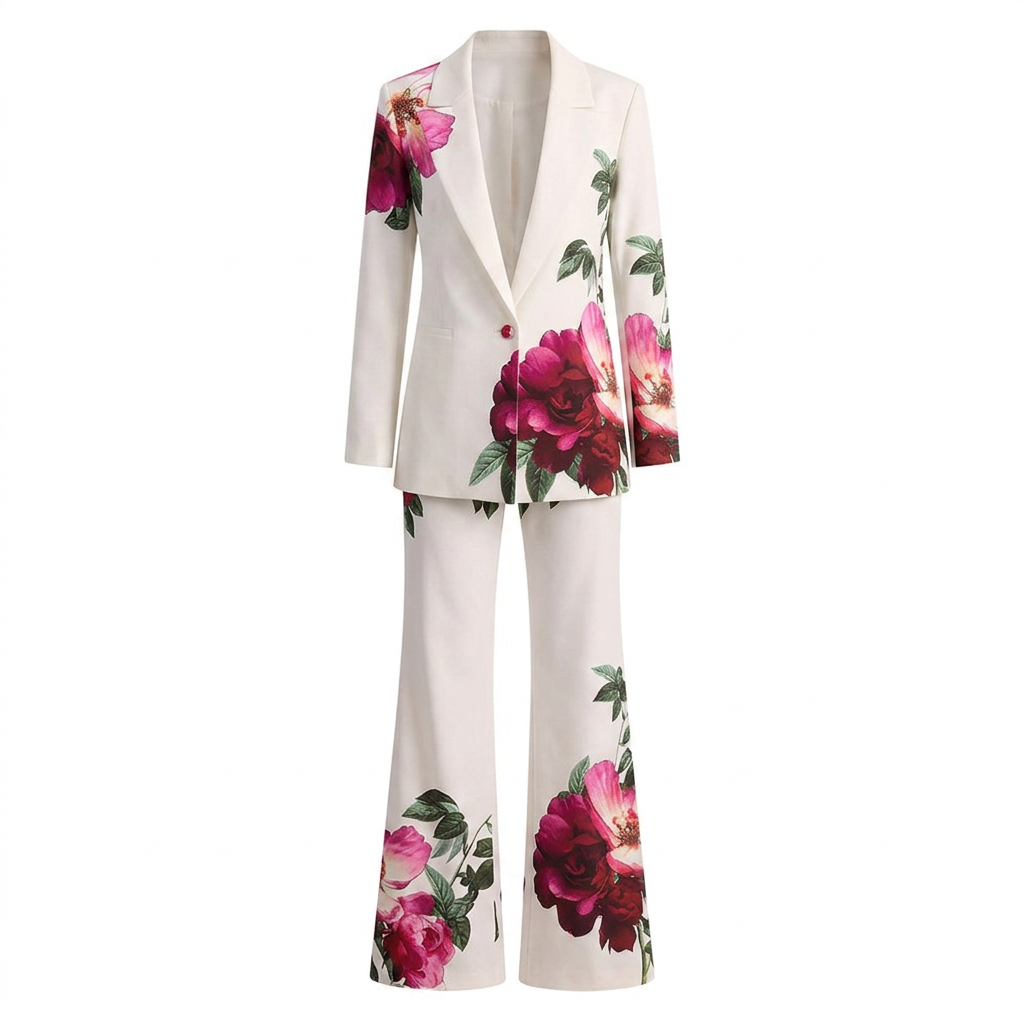 Floral Print Tailored Blazer and Flared Pants Suit Set for Friday Night Vibes and Statement Elegance Women