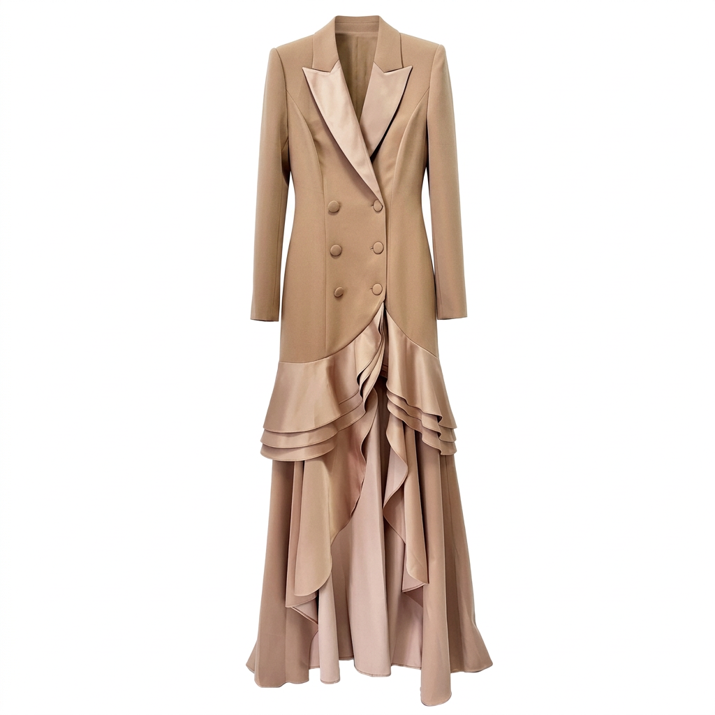 Khaki Satin Ruffle Double-Breasted Blazer Maxi Evening Gown