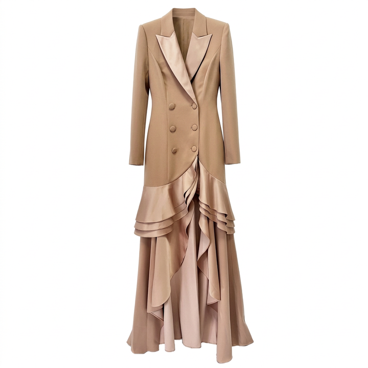 Khaki Satin Ruffle Double-Breasted Blazer Maxi Evening Gown