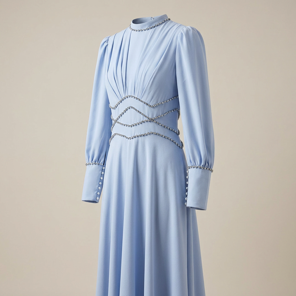 Light Blue Beaded High-Neck Long Sleeve Maxi Evening Gown