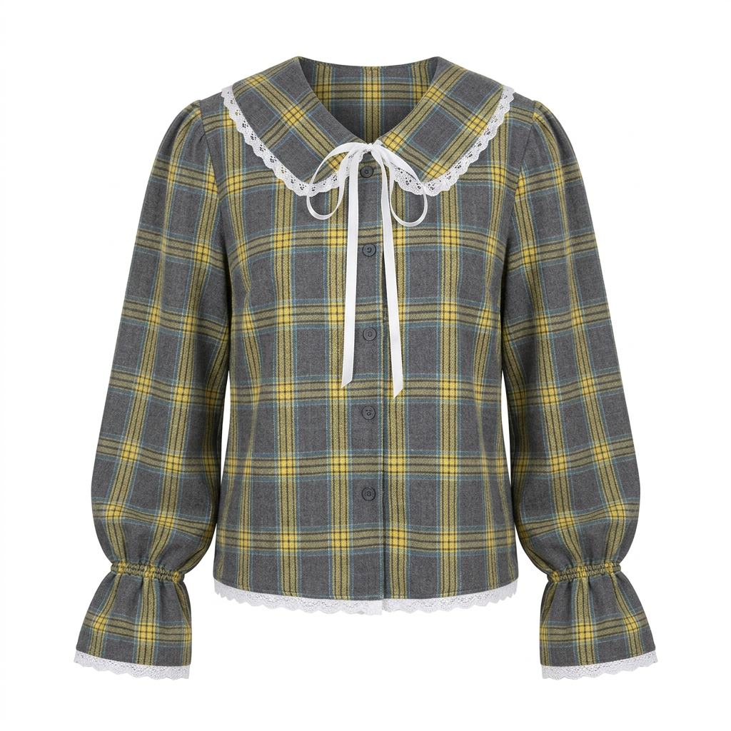 Women’s Plaid Lace Trim Bow-Tie Long Sleeve Shirt-Vyana Collective