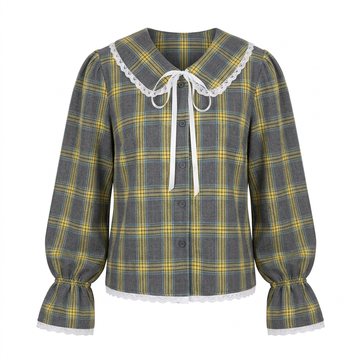 Women’s Plaid Lace Trim Bow-Tie Long Sleeve Shirt-Vyana Collective