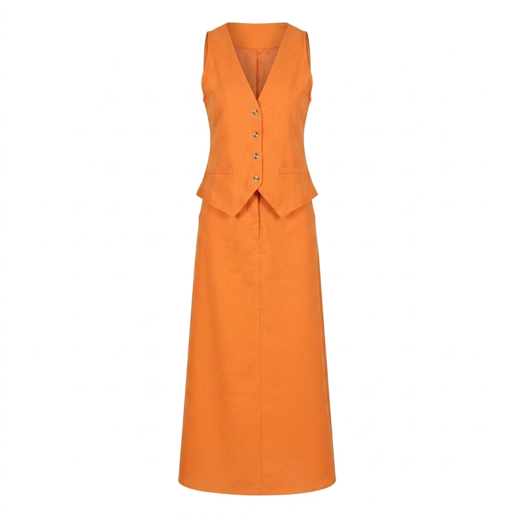 Sleeveless V-Neck Waistcoat &amp; High Waist Midi Skirt Two-Piece Suit Set