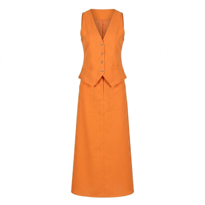 Sleeveless V-Neck Waistcoat &amp; High Waist Midi Skirt Two-Piece Suit Set